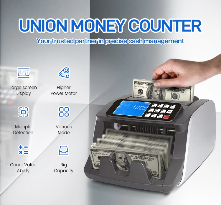 Union 1504 USD, Euro Money Counting Machine UV/Mg/IR/Dd Counterfeit Detection, Top Loading Bill Counter with Add&amp; Batch Modes Cash Counter with LCD Disp